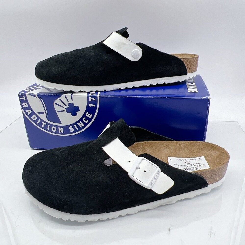 Birkenstock Boston Clog Suede Leather/ Birko-Flor Black White EU 42 Mens 9- 9.5 - Picture 2 of 12